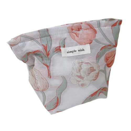 Tulip Pattern Mini Makeup Bag Canvas Portable Zipper Purse Cosmetic Pouch Storage Bag for Traveling, Swimming - Pink - 1