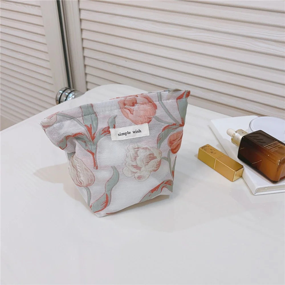 Tulip Pattern Mini Makeup Bag Canvas Portable Zipper Purse Cosmetic Pouch Storage Bag for Traveling, Swimming - Pink - 2