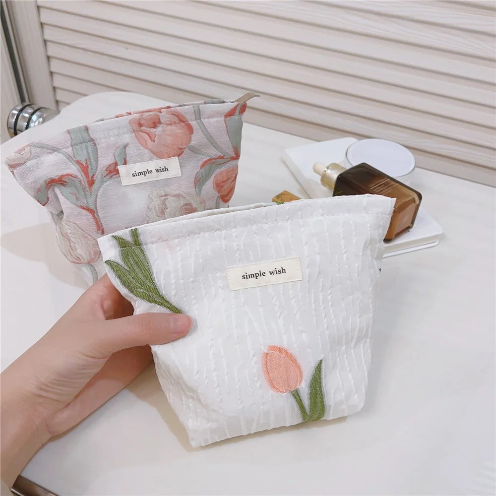 Tulip Pattern Mini Makeup Bag Canvas Portable Zipper Purse Cosmetic Pouch Storage Bag for Traveling, Swimming - Pink - 5