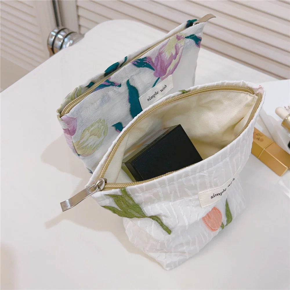 Tulip Pattern Mini Makeup Bag Canvas Portable Zipper Purse Cosmetic Pouch Storage Bag for Traveling, Swimming - Pink - 6