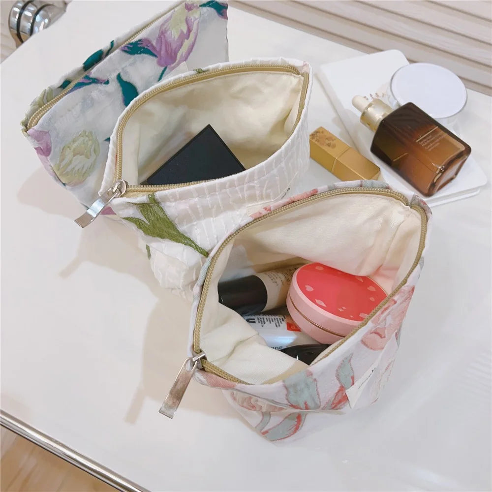 Tulip Pattern Mini Makeup Bag Canvas Portable Zipper Purse Cosmetic Pouch Storage Bag for Traveling, Swimming - Pink - 7