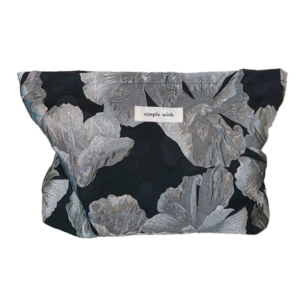 Flower Pattern Portable Cosmetic Bag Zipper Purse Pouch Canvas Makeup Storage Bag - Large Silver Flower - 1