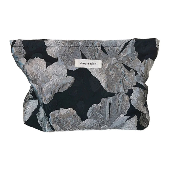 Flower Pattern Portable Cosmetic Bag Zipper Purse Pouch Canvas Makeup Storage Bag - Large Silver Flower - 1