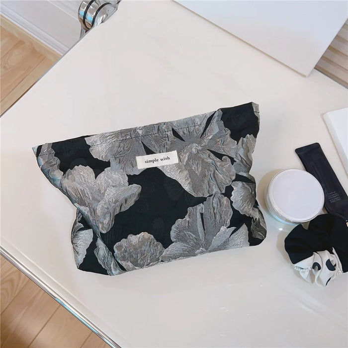 Flower Pattern Portable Cosmetic Bag Zipper Purse Pouch Canvas Makeup Storage Bag - Large Silver Flower - 2