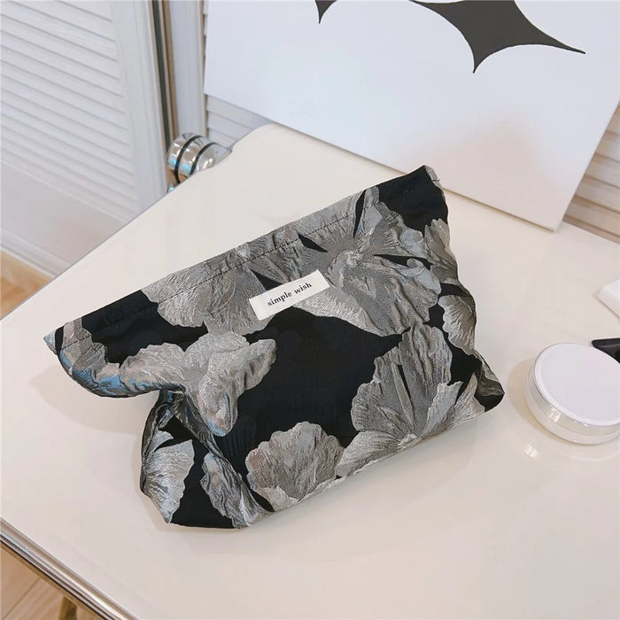 Flower Pattern Portable Cosmetic Bag Zipper Purse Pouch Canvas Makeup Storage Bag - Large Silver Flower - 4