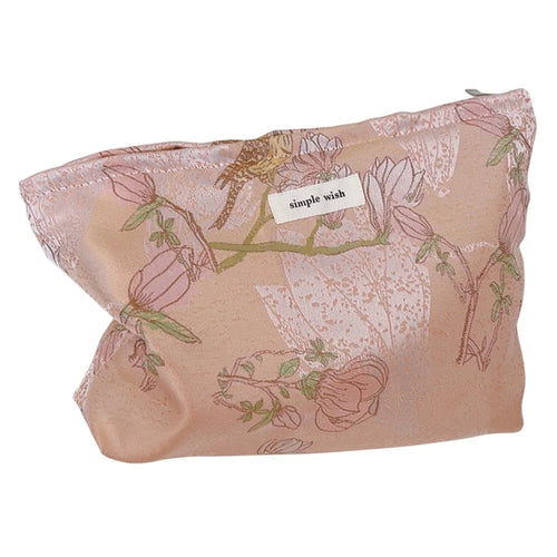 National Style Bird Flower Pattern Makeup Bag Canvas Zipper Purse Portable Cosmetic Pouch Organizer Bag - Pink - 1