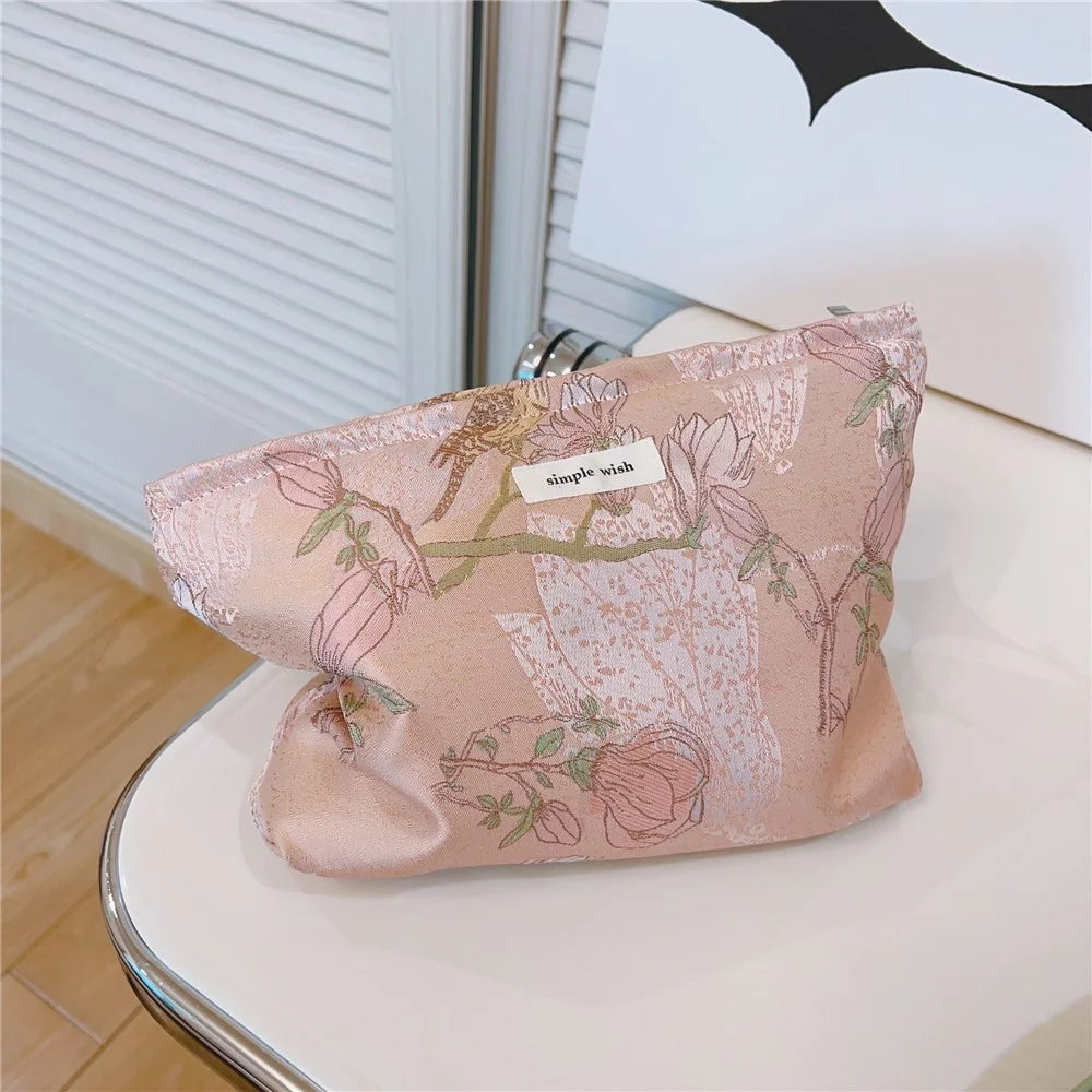National Style Bird Flower Pattern Makeup Bag Canvas Zipper Purse Portable Cosmetic Pouch Organizer Bag - Pink - 2