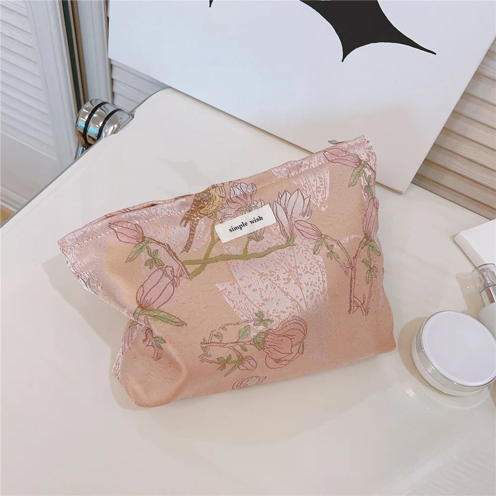 National Style Bird Flower Pattern Makeup Bag Canvas Zipper Purse Portable Cosmetic Pouch Organizer Bag - Pink - 4