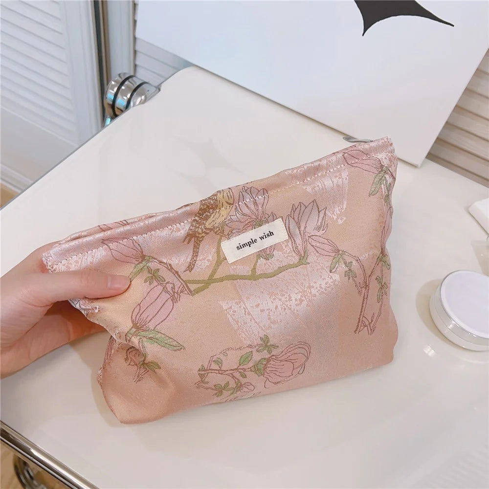 National Style Bird Flower Pattern Makeup Bag Canvas Zipper Purse Portable Cosmetic Pouch Organizer Bag - Pink - 5