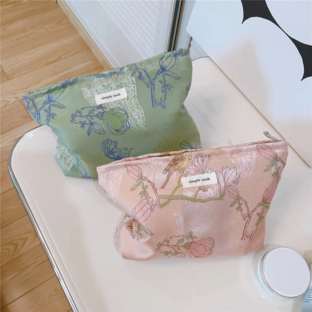National Style Bird Flower Pattern Makeup Bag Canvas Zipper Purse Portable Cosmetic Pouch Organizer Bag - Pink - 6