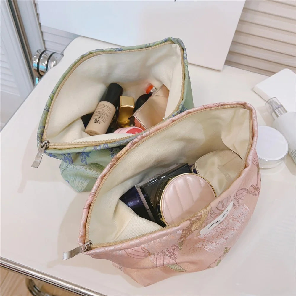 National Style Bird Flower Pattern Makeup Bag Canvas Zipper Purse Portable Cosmetic Pouch Organizer Bag - Pink - 7