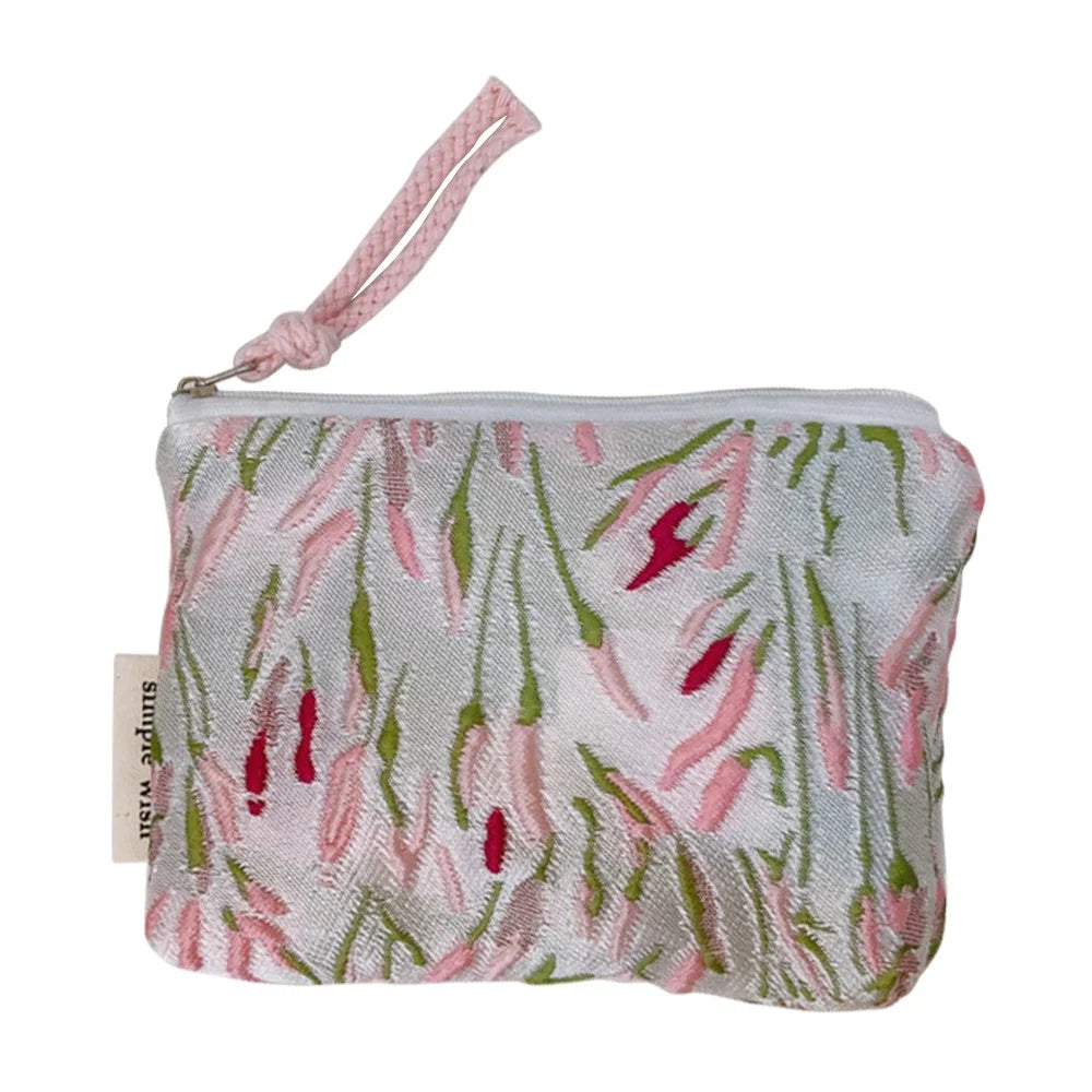 Coin Purses Small Cosmetic Organizer Canvas Wallet Earphone Key Money Storage Bag Zipper Pouch - Green Pink Branch - 1