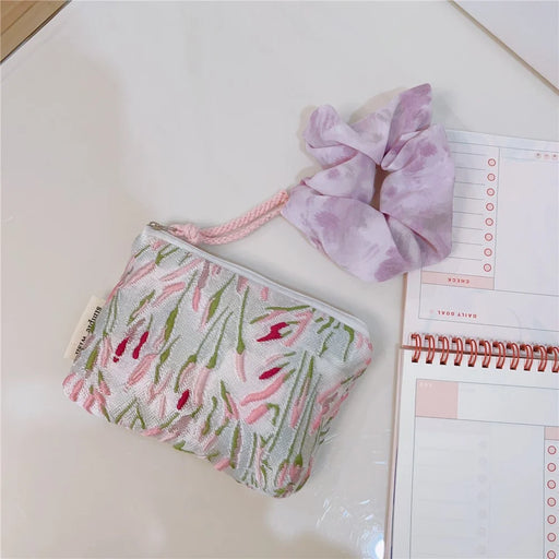 Coin Purses Small Cosmetic Organizer Canvas Wallet Earphone Key Money Storage Bag Zipper Pouch - Green Pink Branch - 2