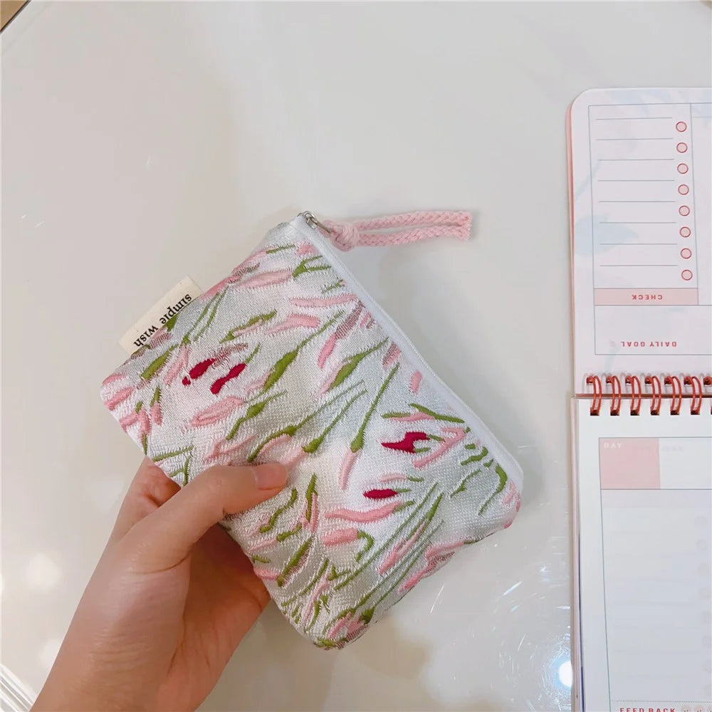 Coin Purses Small Cosmetic Organizer Canvas Wallet Earphone Key Money Storage Bag Zipper Pouch - Green Pink Branch - 3