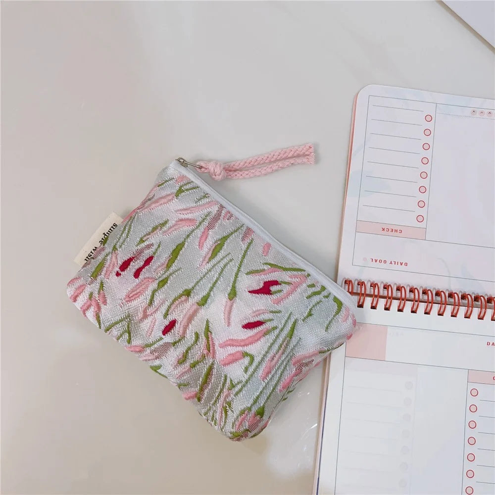 Coin Purses Small Cosmetic Organizer Canvas Wallet Earphone Key Money Storage Bag Zipper Pouch - Green Pink Branch - 4
