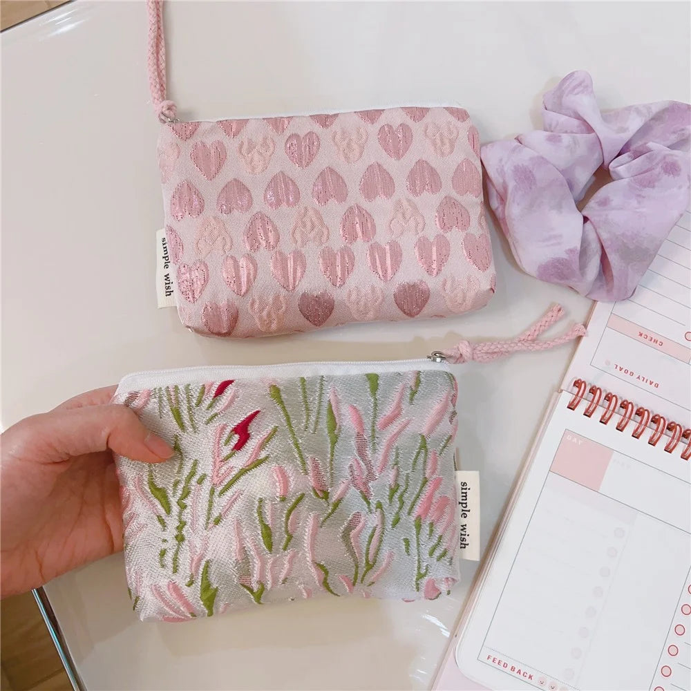 Coin Purses Small Cosmetic Organizer Canvas Wallet Earphone Key Money Storage Bag Zipper Pouch - Green Pink Branch - 5