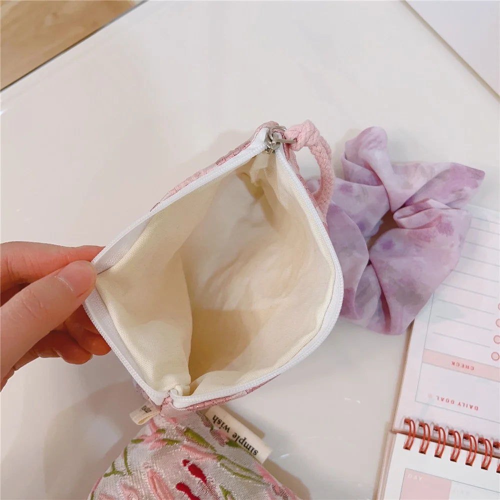 Coin Purses Small Cosmetic Organizer Canvas Wallet Earphone Key Money Storage Bag Zipper Pouch - Green Pink Branch - 7