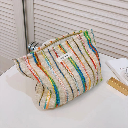 Rainbow Lline Design Canvas Makeup Storage Pouch Wear-resistant Women Teen Girls Cosmetic Organizer Travel Bag, Size: L - 1
