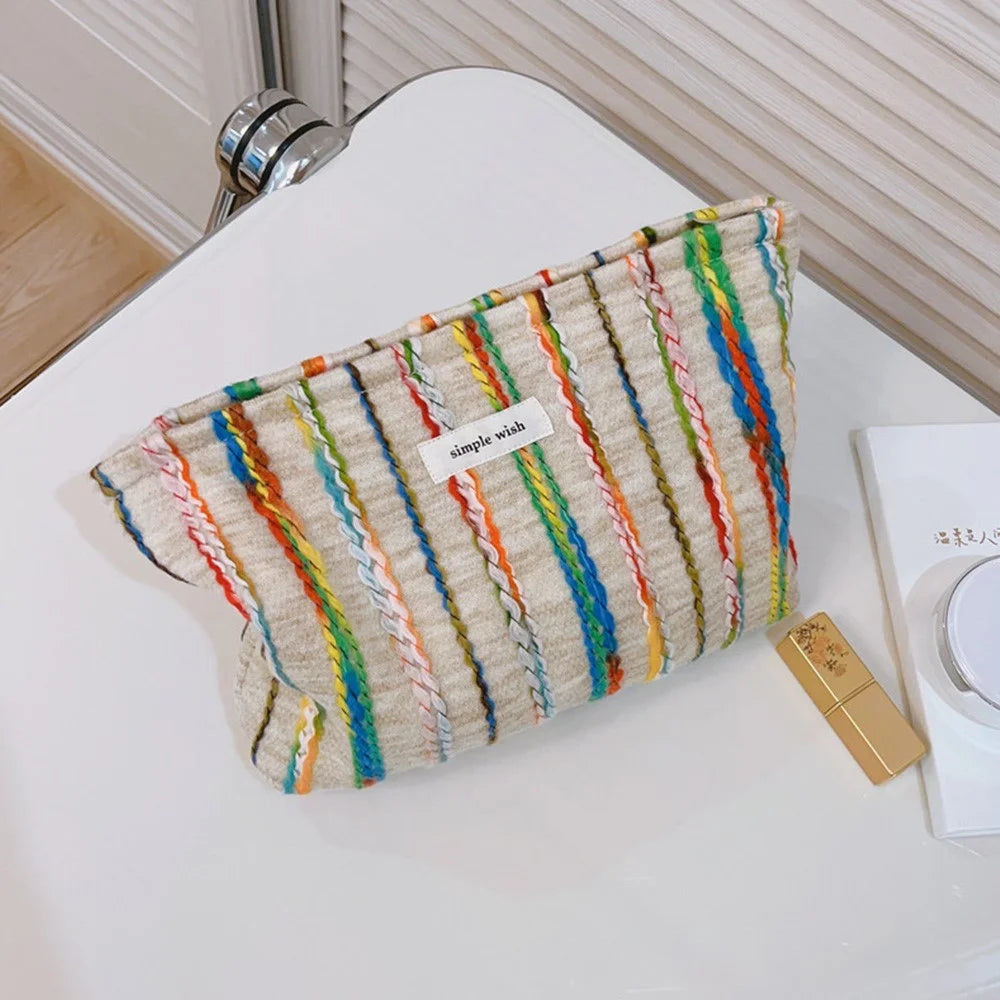 Women Teen Girls Cosmetic Organizer Travel Bag Rainbow Lline Design Canvas Makeup Storage Pouch, Size: S - 1