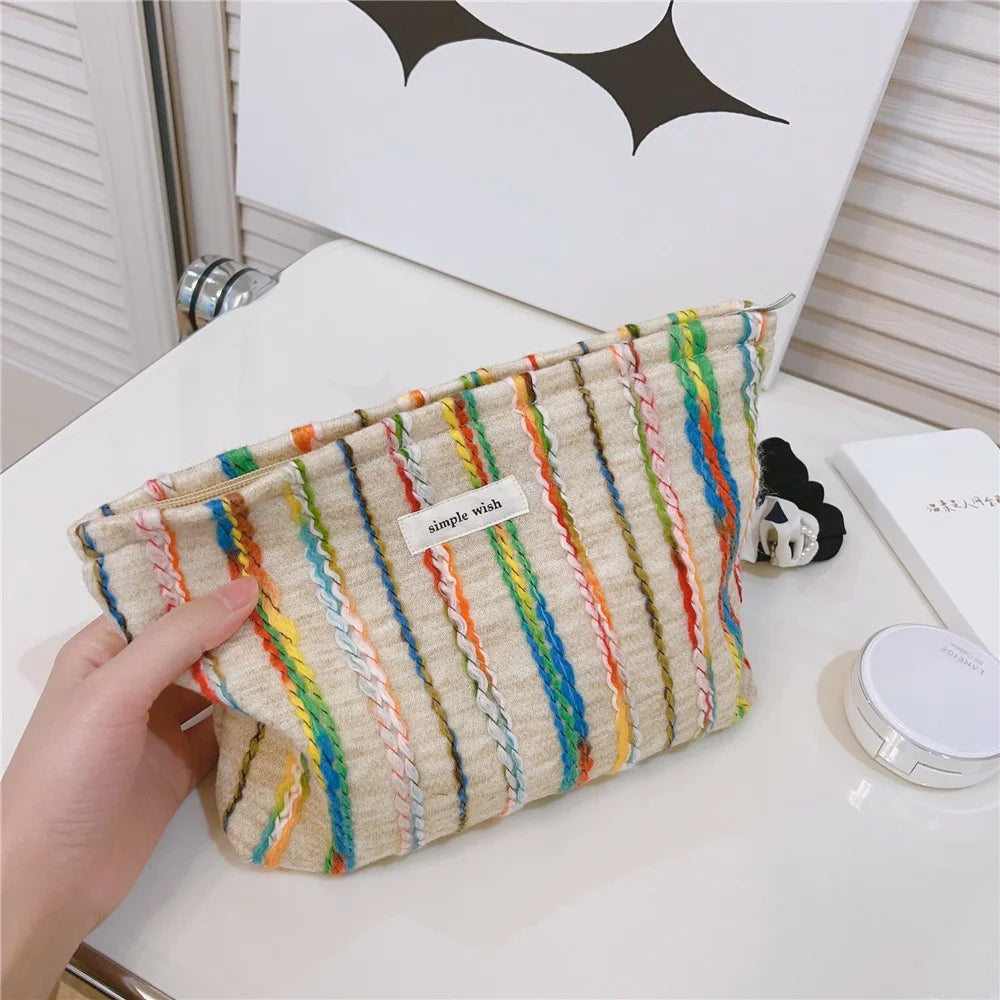 Women Teen Girls Cosmetic Organizer Travel Bag Rainbow Lline Design Canvas Makeup Storage Pouch, Size: S - 2
