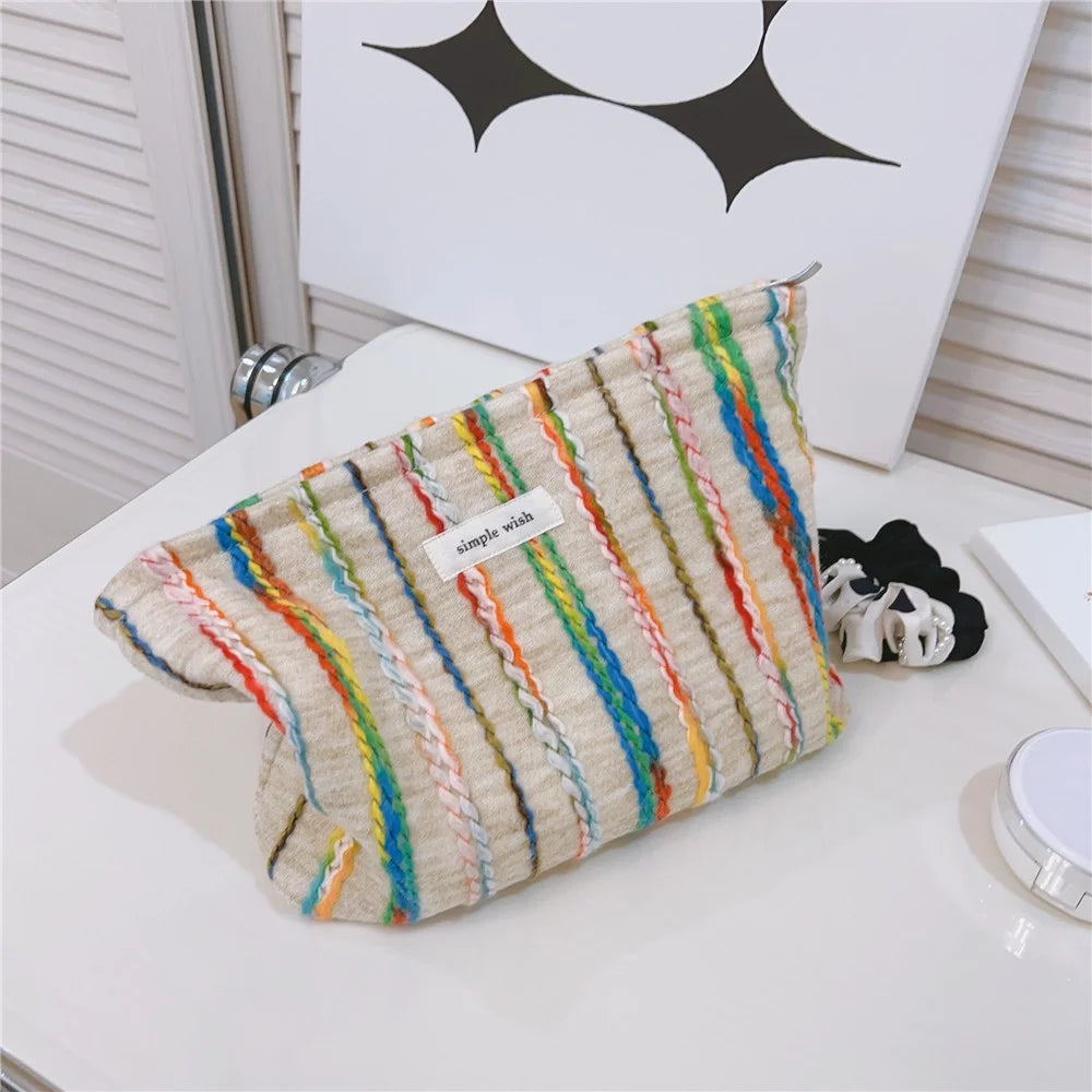 Women Teen Girls Cosmetic Organizer Travel Bag Rainbow Lline Design Canvas Makeup Storage Pouch, Size: S - 3