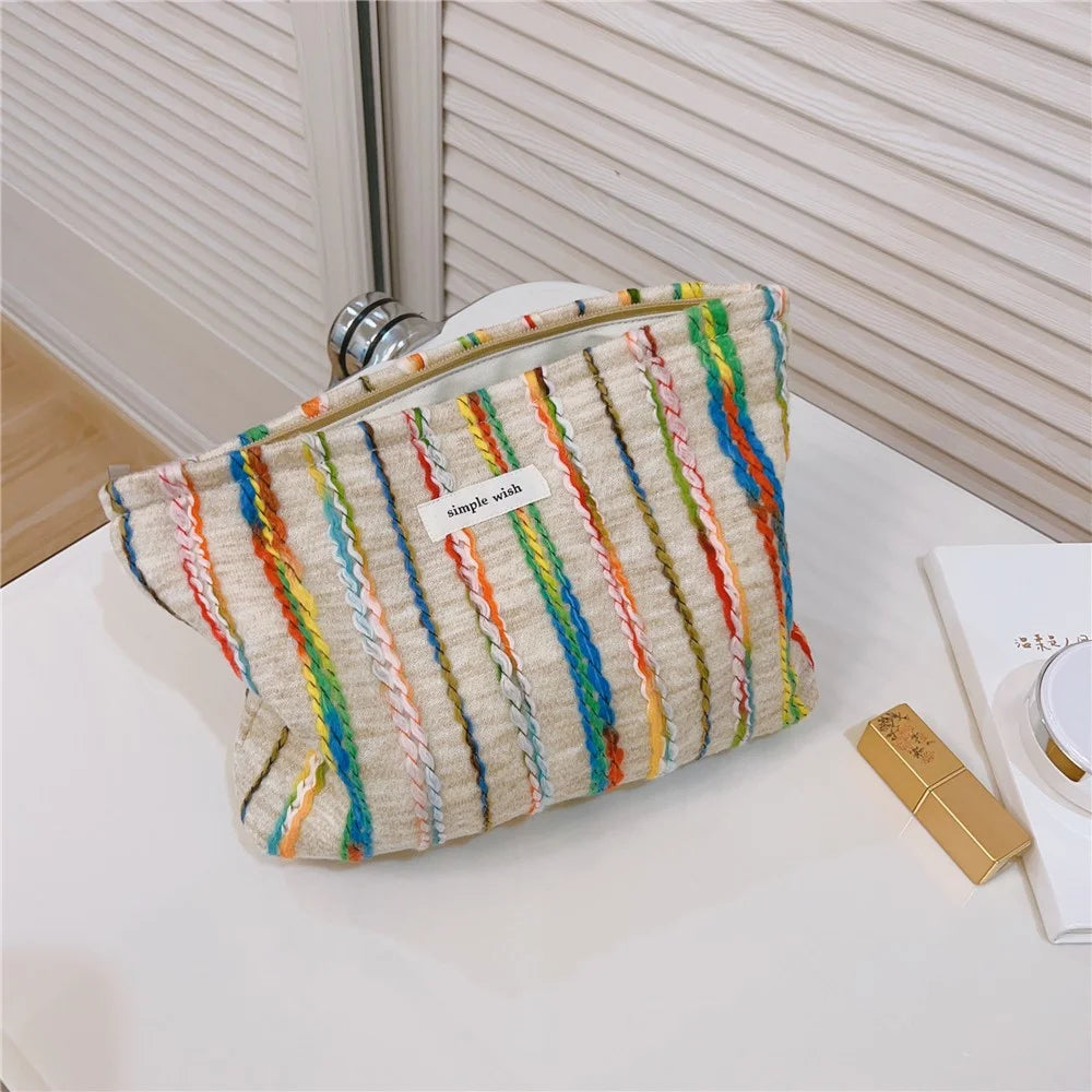 Women Teen Girls Cosmetic Organizer Travel Bag Rainbow Lline Design Canvas Makeup Storage Pouch, Size: S - 5