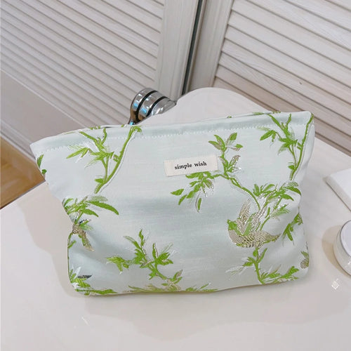 Flower Pattern Women Cosmetic Organizer Travel Bag Large Canvas Toiletries Teen Girls Makeup Storage Pouch - Green - 1