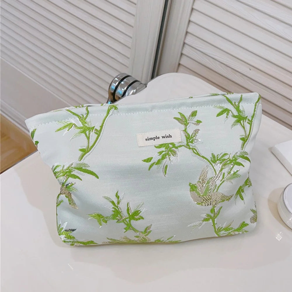 Flower Pattern Women Cosmetic Organizer Travel Bag Large Canvas Toiletries Teen Girls Makeup Storage Pouch - Green - 1