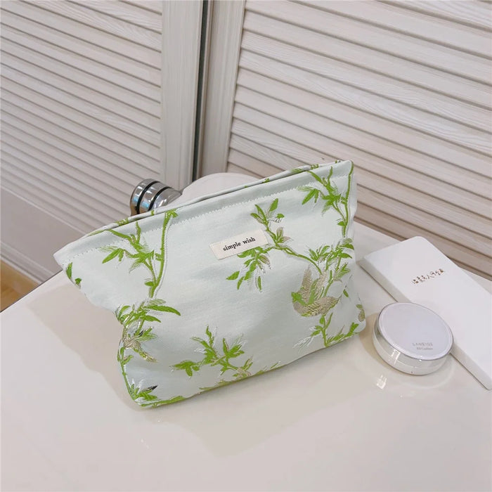 Flower Pattern Women Cosmetic Organizer Travel Bag Large Canvas Toiletries Teen Girls Makeup Storage Pouch - Green - 2