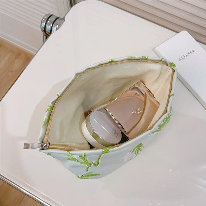 Flower Pattern Women Cosmetic Organizer Travel Bag Large Canvas Toiletries Teen Girls Makeup Storage Pouch - Green - 3