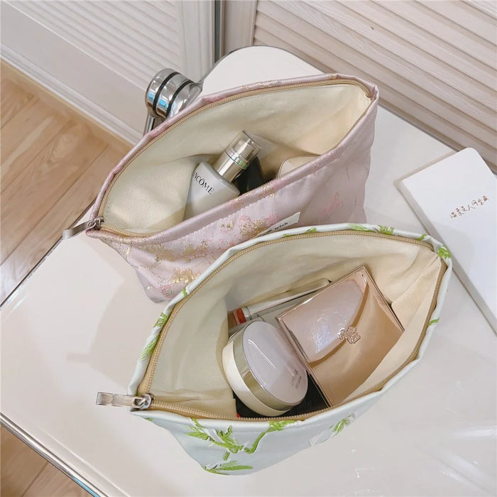 Flower Pattern Women Cosmetic Organizer Travel Bag Large Canvas Toiletries Teen Girls Makeup Storage Pouch - Green - 4