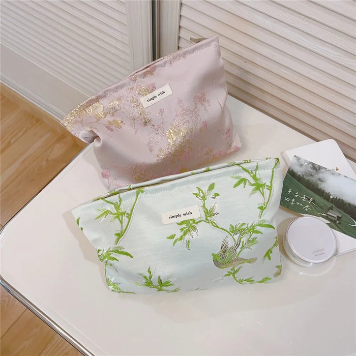 Flower Pattern Women Cosmetic Organizer Travel Bag Large Canvas Toiletries Teen Girls Makeup Storage Pouch - Green - 5