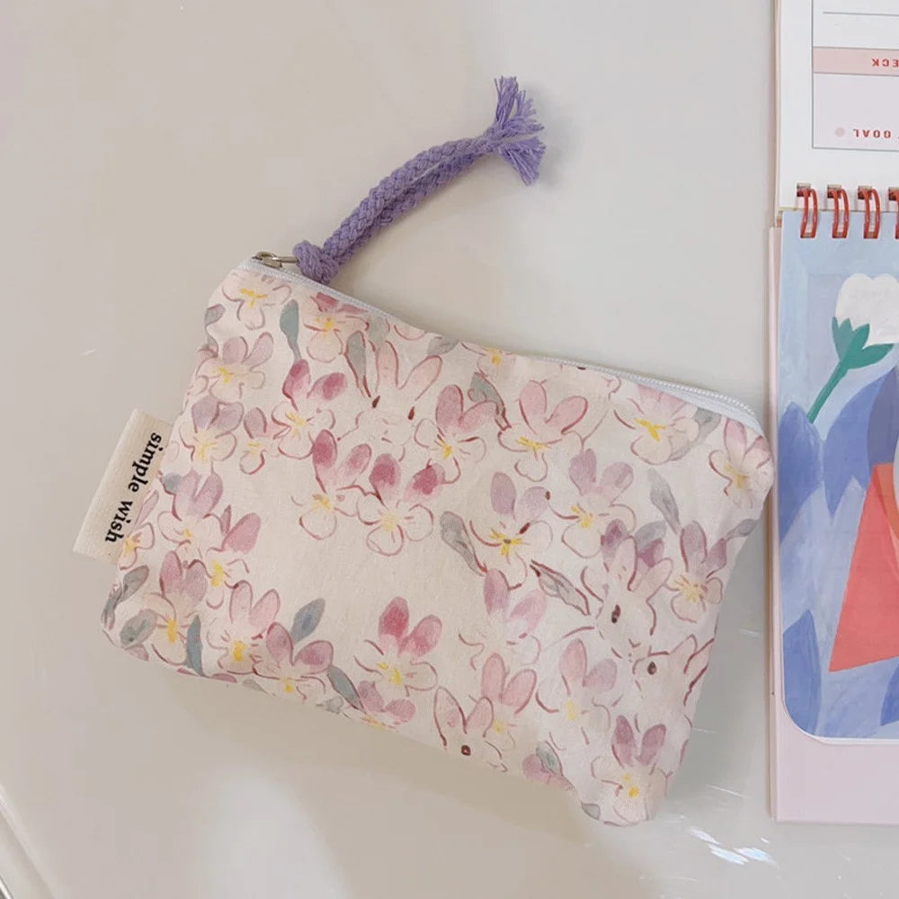Canvas Makeup Storage Bag Zipper Travel Pouch Small Purse Card Key Holder Mini Wallet - Purple Rabbit - 1