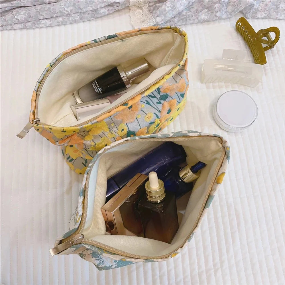 Simple Pattern Makeup Bag Travel Toiletry Organizer Pouch Canvas Cosmetic Bag - Yellow / Orange - 7