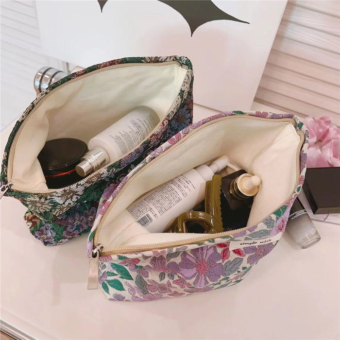 Cosmetic Bag Flower Pattern Canvas Makeup Bag Travel Toiletry Accessories Pouch Organizer - Colorful Flower - 5