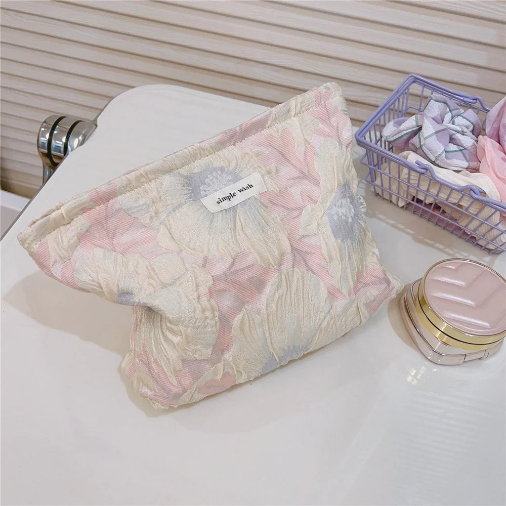 Canvas Cosmetic Bag Flower Pattern Makeup Bag Travel Toiletry Organizer Handy Bag - White Flower - 2