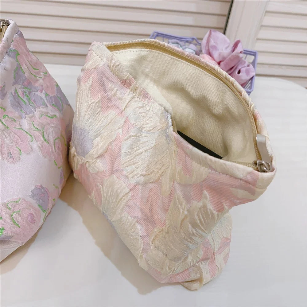 Canvas Cosmetic Bag Flower Pattern Makeup Bag Travel Toiletry Organizer Handy Bag - White Flower - 5