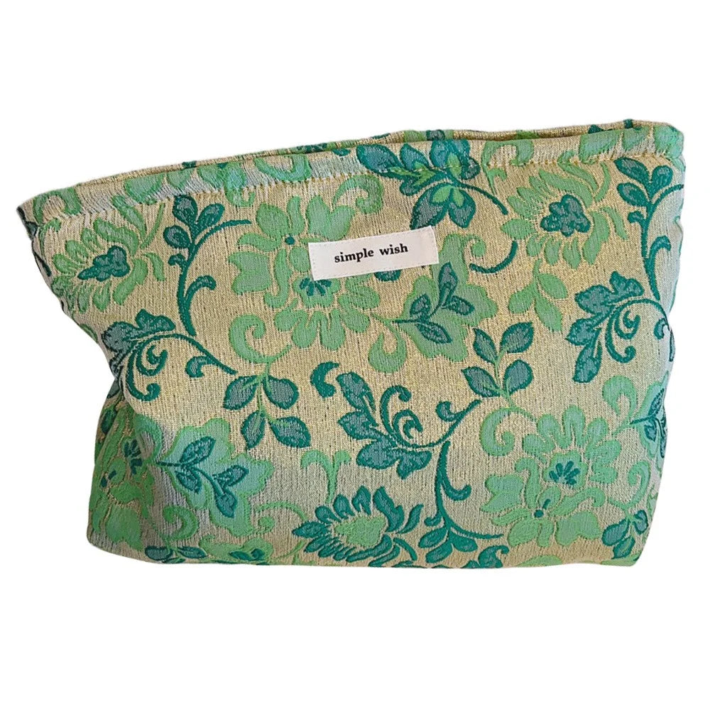 Beautiful Pattern Makeup Bag Travel Toiletry Organizer Pouch Canvas Cosmetic Bag - Green Flower - 1