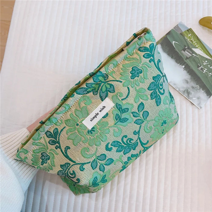 Beautiful Pattern Makeup Bag Travel Toiletry Organizer Pouch Canvas Cosmetic Bag - Green Flower - 2