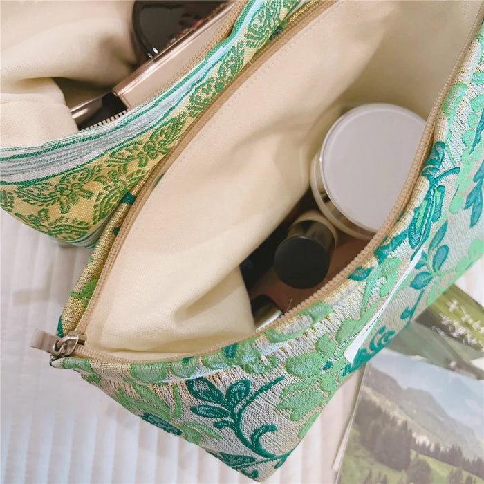 Beautiful Pattern Makeup Bag Travel Toiletry Organizer Pouch Canvas Cosmetic Bag - Green Flower - 5