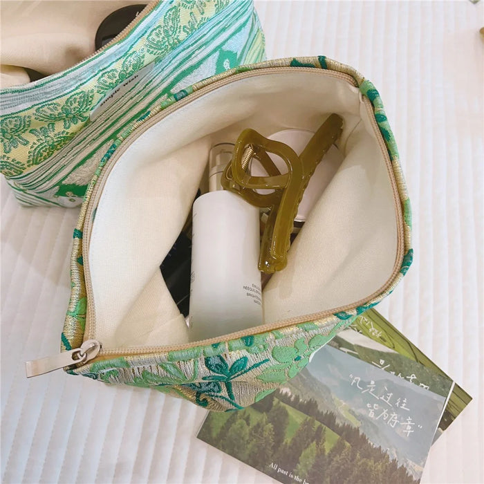 Beautiful Pattern Makeup Bag Travel Toiletry Organizer Pouch Canvas Cosmetic Bag - Green Flower - 6