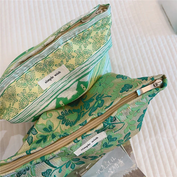 Beautiful Pattern Makeup Bag Travel Toiletry Organizer Pouch Canvas Cosmetic Bag - Green Flower - 7