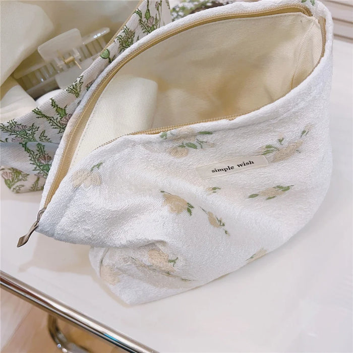 Travel Toiletry Organizer Stylish Flower Pattern Canvas Cosmetic Bag Makeup Bag - Beige Flower - 2
