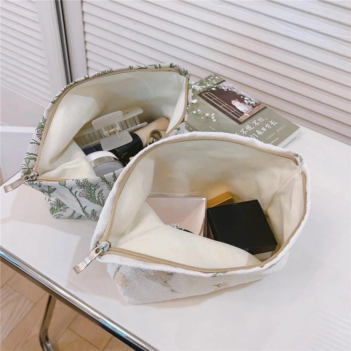 Travel Toiletry Organizer Stylish Flower Pattern Canvas Cosmetic Bag Makeup Bag - Beige Flower - 4