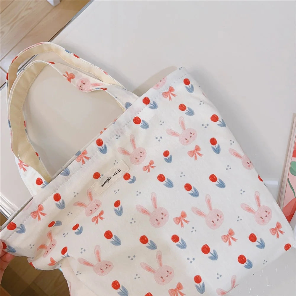 Cute Rabbit Printed Cotton Cloth Handbag Women Stylish Casual Tote Bag - Purple Rabbit - 7