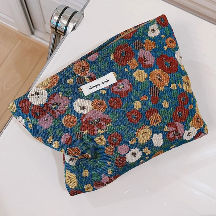 Retro Flower Pattern Canvas Cosmetic Bag Makeup Bag Travel Toiletry Accessories Organizer Pouch - Blue - 1