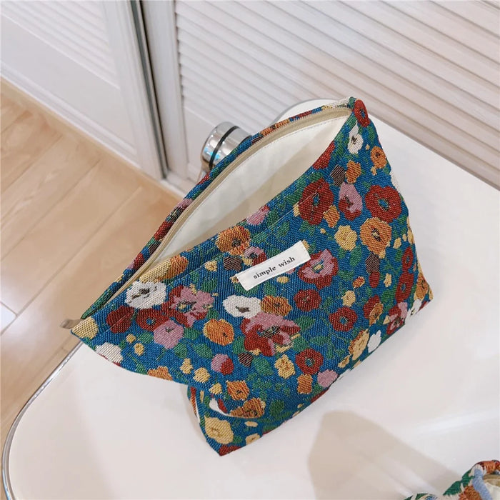Retro Flower Pattern Canvas Cosmetic Bag Makeup Bag Travel Toiletry Accessories Organizer Pouch - Blue - 2
