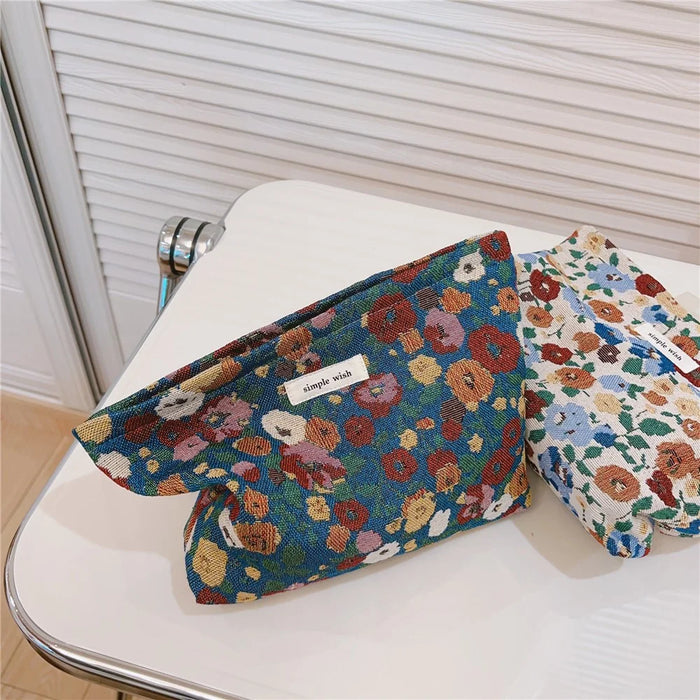 Retro Flower Pattern Canvas Cosmetic Bag Makeup Bag Travel Toiletry Accessories Organizer Pouch - Blue - 3