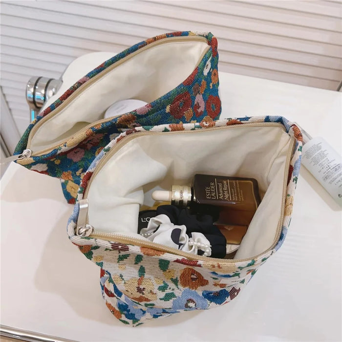 Retro Flower Pattern Canvas Cosmetic Bag Makeup Bag Travel Toiletry Accessories Organizer Pouch - Blue - 4