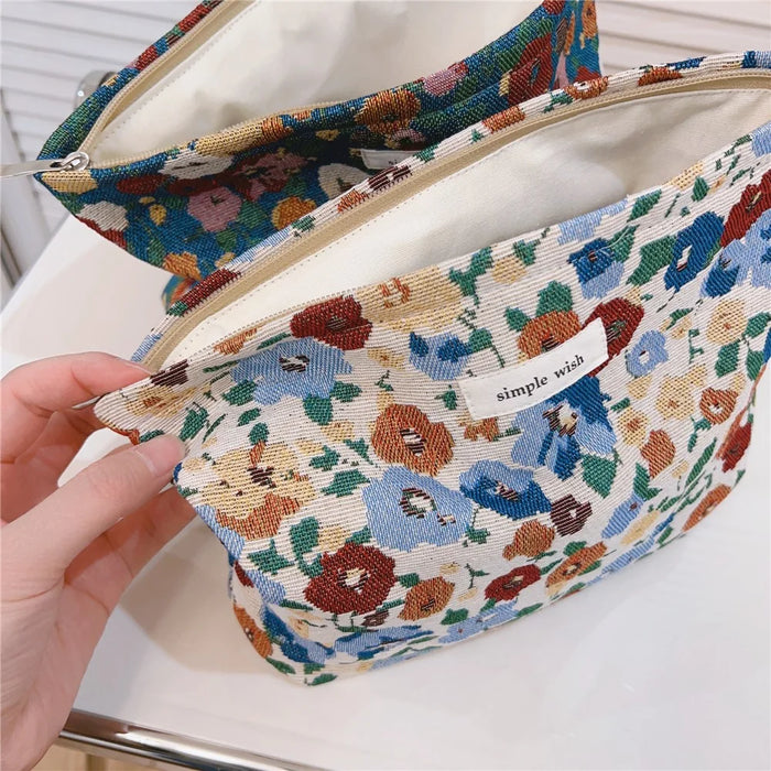 Retro Flower Pattern Canvas Cosmetic Bag Makeup Bag Travel Toiletry Accessories Organizer Pouch - Blue - 5